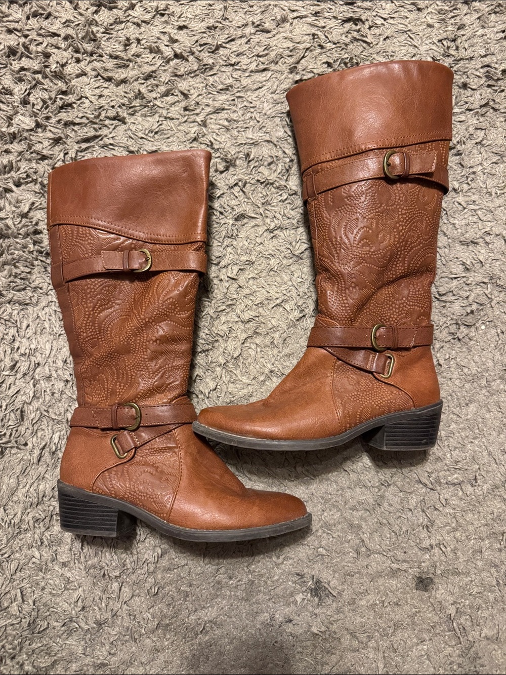 easy street Cognac Embossed Mid-Calf Buckle Boots